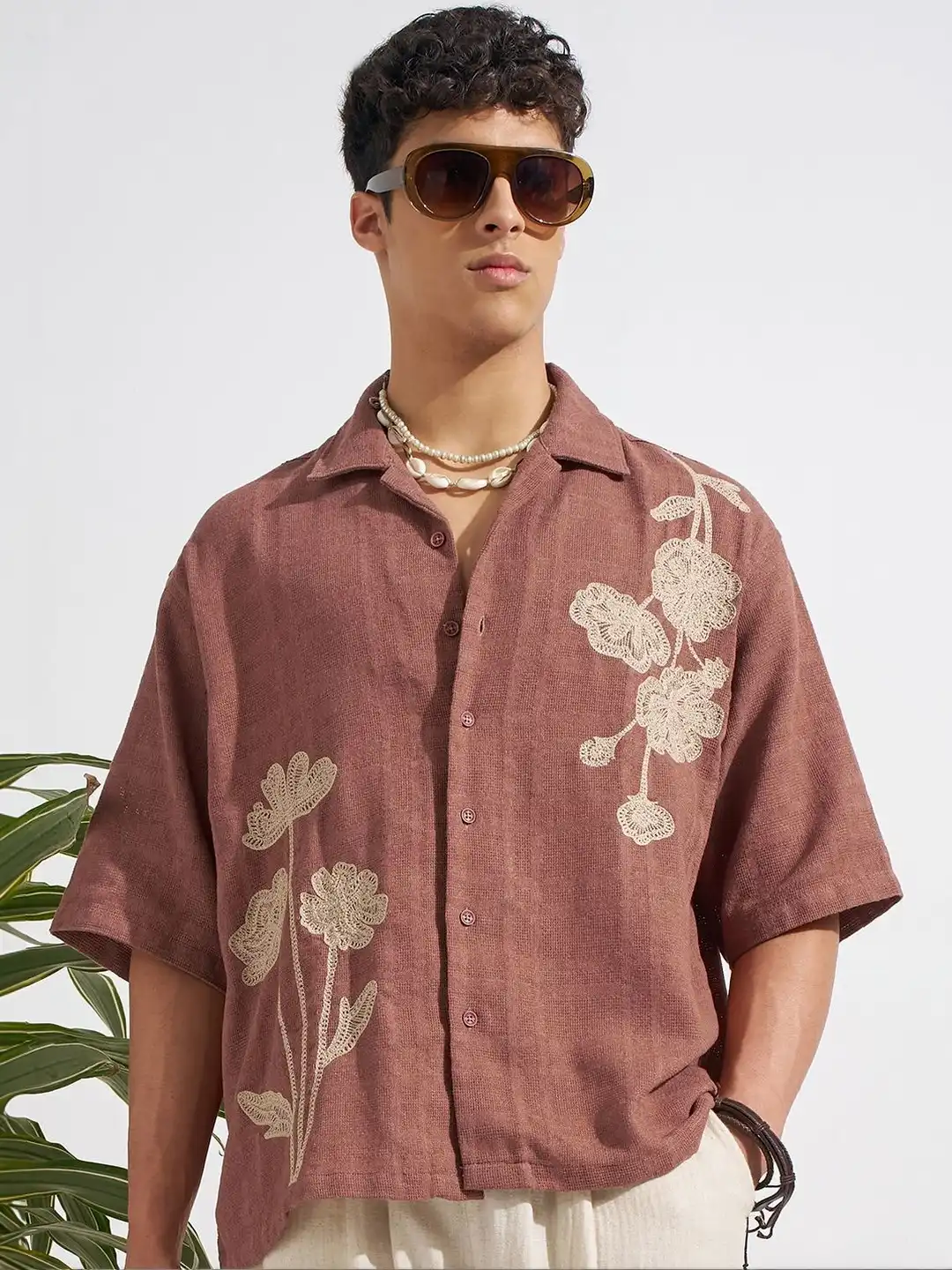 Buy Highlander Men Rust Embroidered Solid Dobby Cuban Collar Boxy