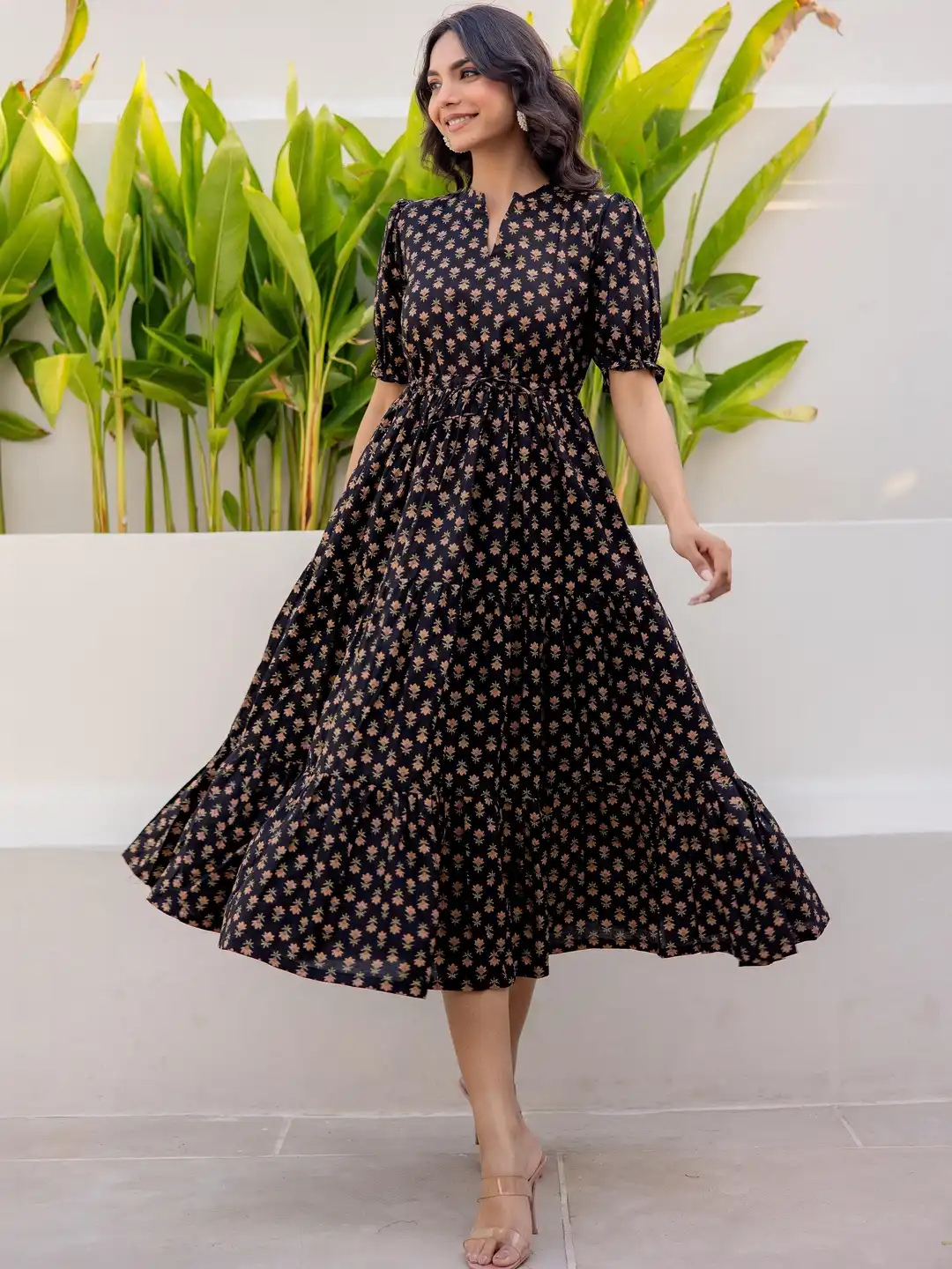 Buy LABEL ADRIJA Floral Print Puff Sleeve Organic Cotton A-Line