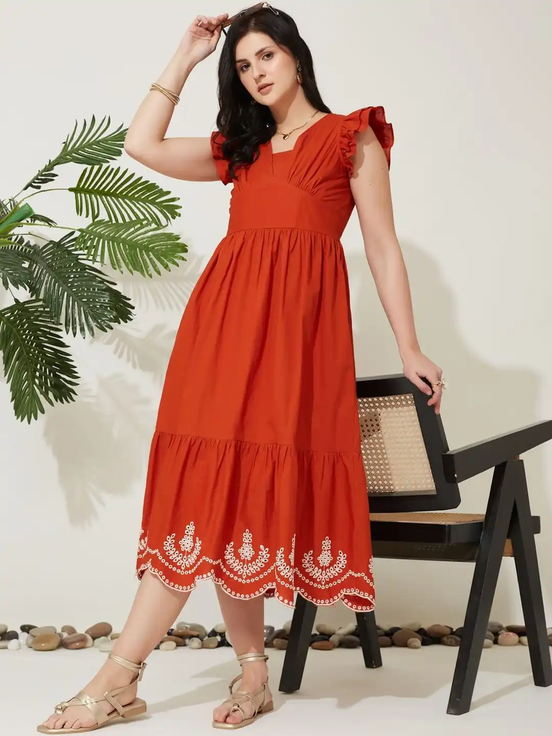 Buy J Turritopsis Women Cotton Embroidered Casual Midi Dress