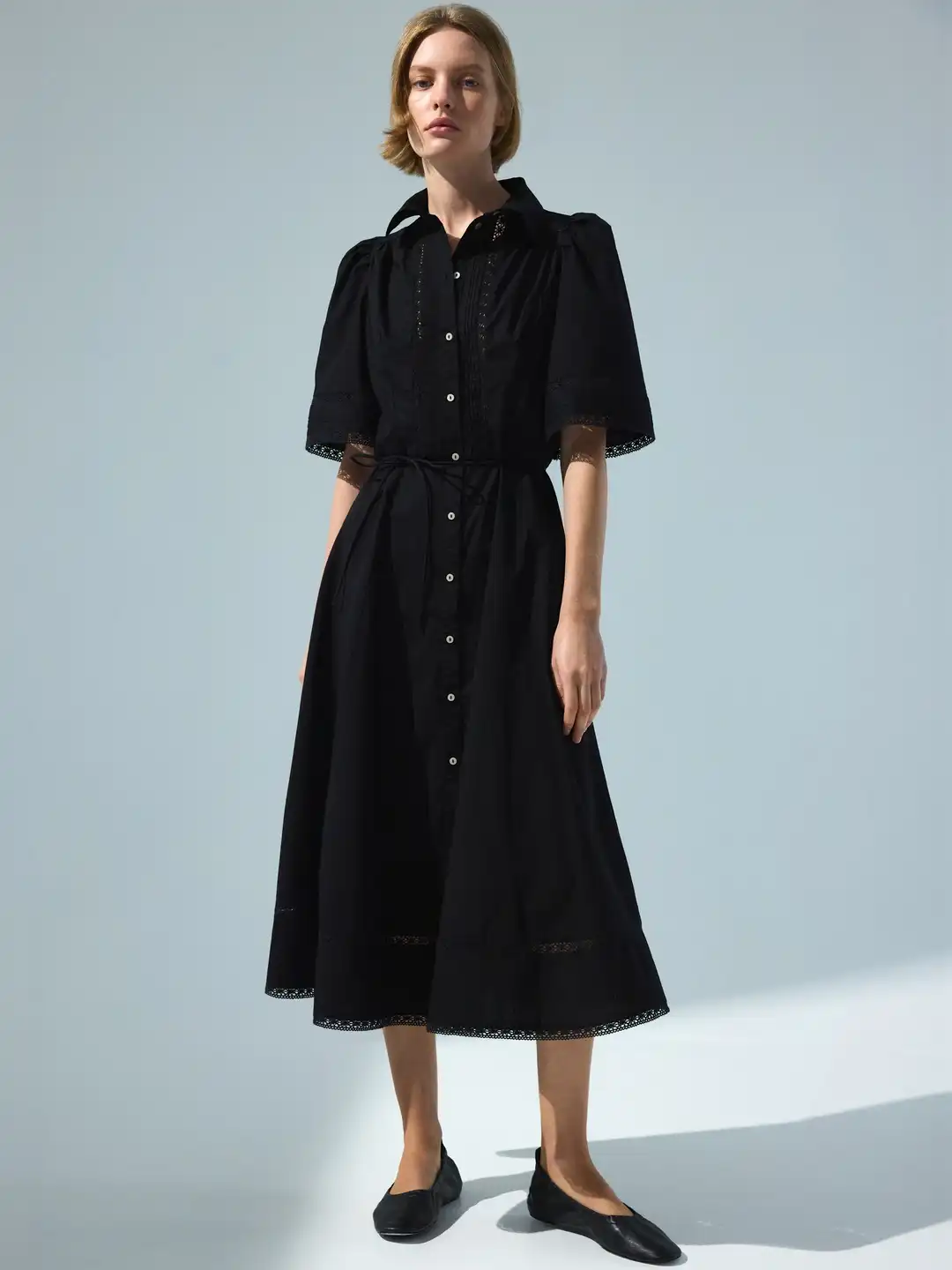 black shirt dress h&m Buy Pintucked Cotton - Dresses for Women 40317222 apparel Princess Eugenie's Wedding Dress Primary color:Black Curved seam below the