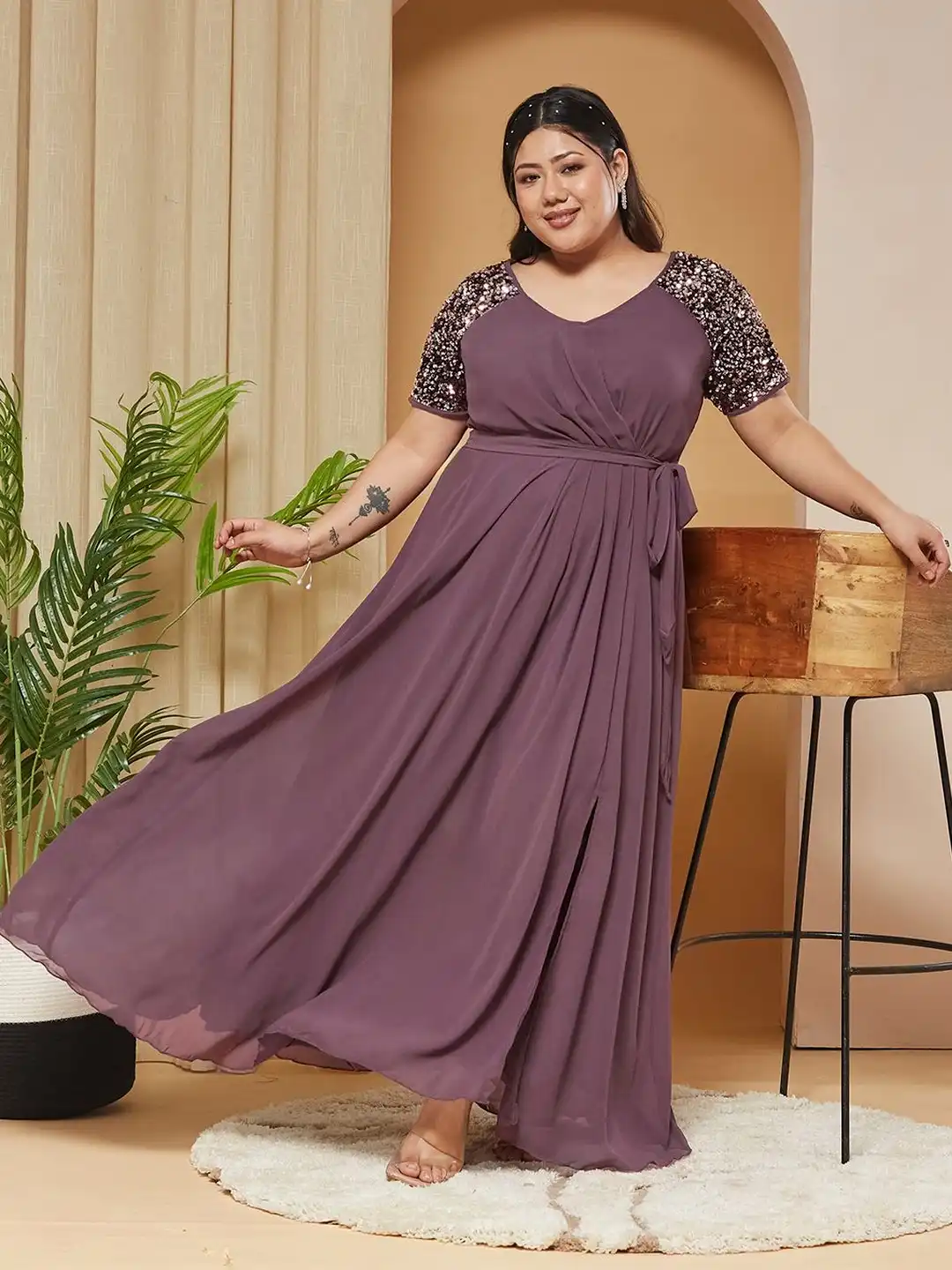 Buy Miss Chase A+ Plus Size Women Mauve Relaxed Fit Maxi Dress
