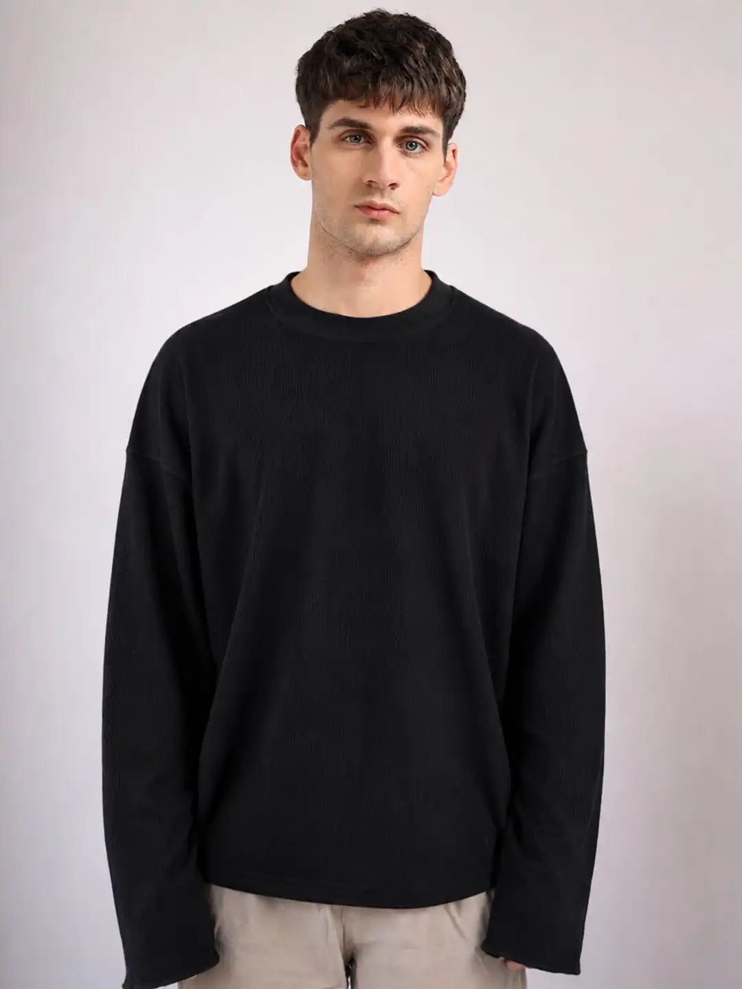 Buy MOHICANS Waffle Textured Full Sleeves Oversized Cotton T-shirt