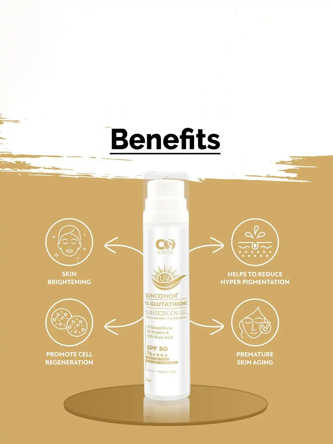 glutathione sunscreen benefits for skin brightness Buy CO LUXURY Sunconor 1% Glutathione Sunscreen Gel With SPF 50 PA ++++ -  50 g - Face Sunscreen for Unisex 33059486