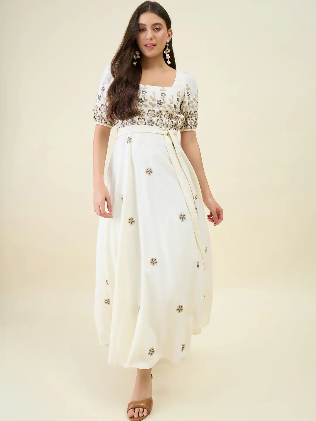Buy aayu Floral Embroidered Puff Sleeve Fit & Flare Midi Dress