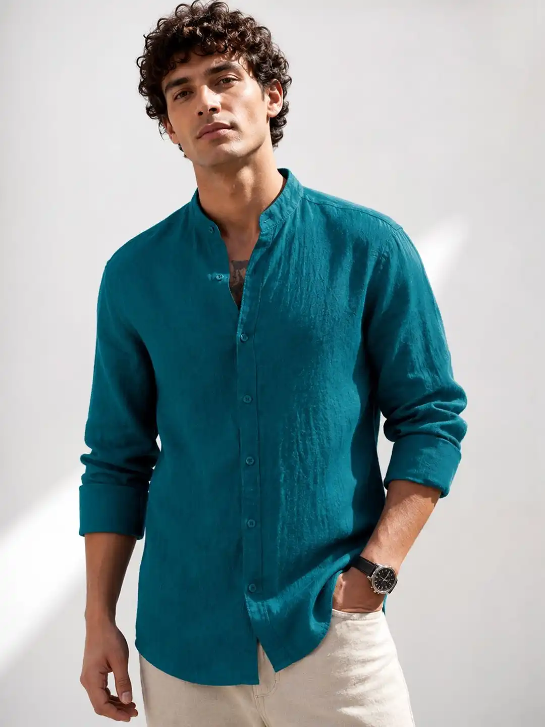 Buy The Roadster Lifestyle Co. Mandarin Collar Linen Cotton Casual