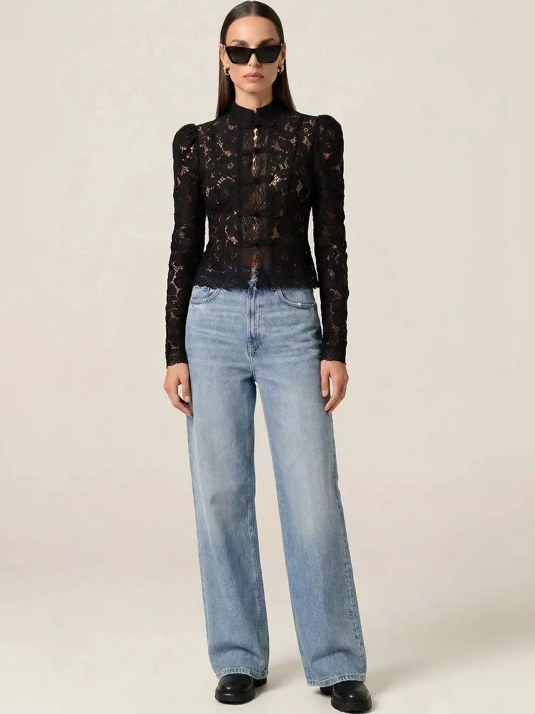 Buy LULU & SKY Women Black Lace Mandarin Collar Tops - Tops for