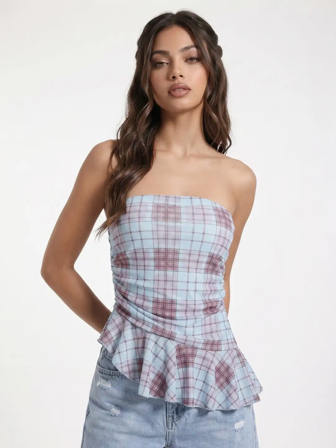 Herlipto Checked Flared Peplum Top