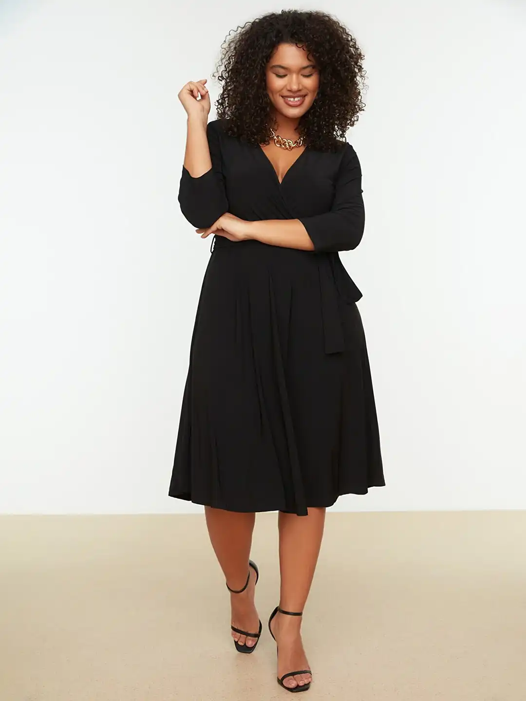 womens black fit and flare dress Cap Sleeve Pleated Fit-and-Flare Midi Dress by Badgley Mischka