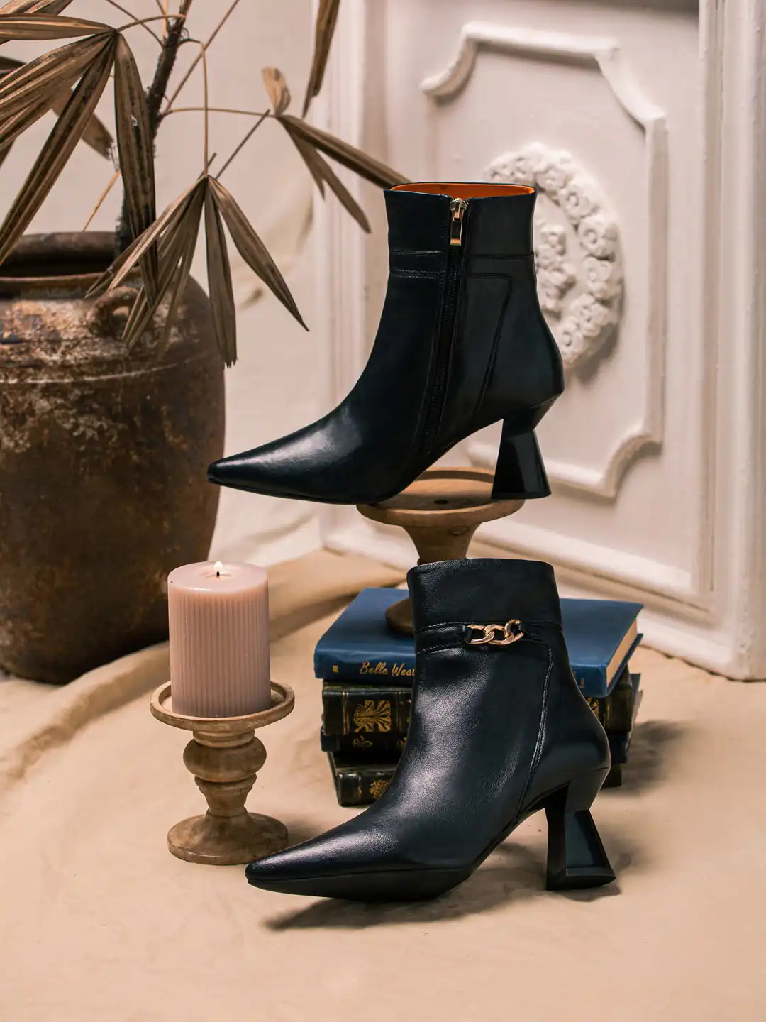 Buy Saint G Black Leather Front Zipper Pointed Toe Heel Boots