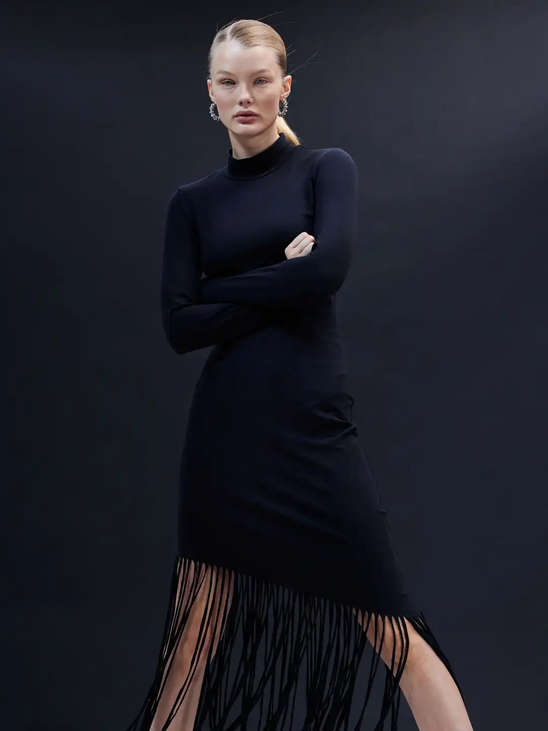 h&m black fringe dress Women's Black Fringe-trimmed Knit Dress