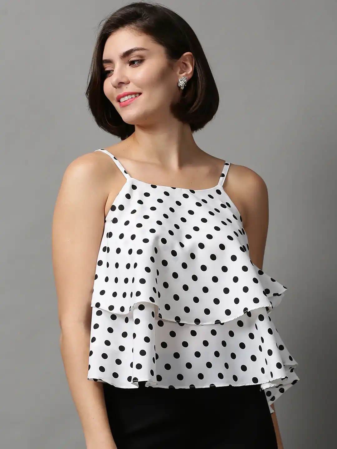 Buy SHOWOFFFF Women White & Black Polka Dots Print Layered Styled