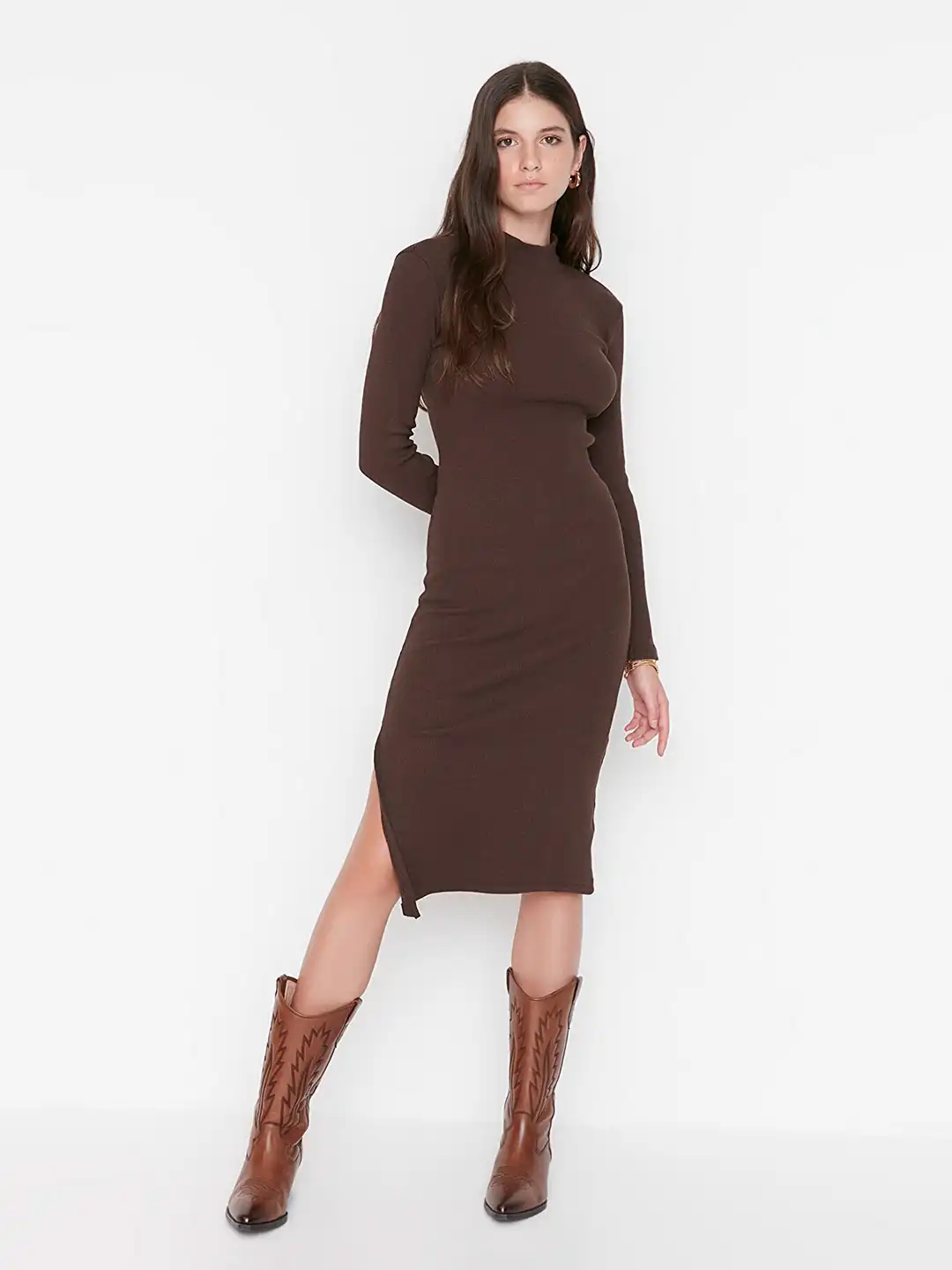 brown jumper dress women Brown Midi Ribbed Jumper Dress – Stylenchic main image 1