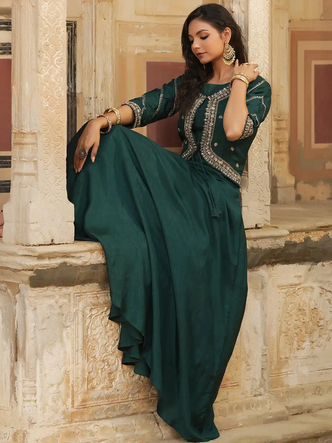 Buy SCAKHI Women Green Embellished Flared Ethnic Dress - Ethnic Dresses for Women 20323728