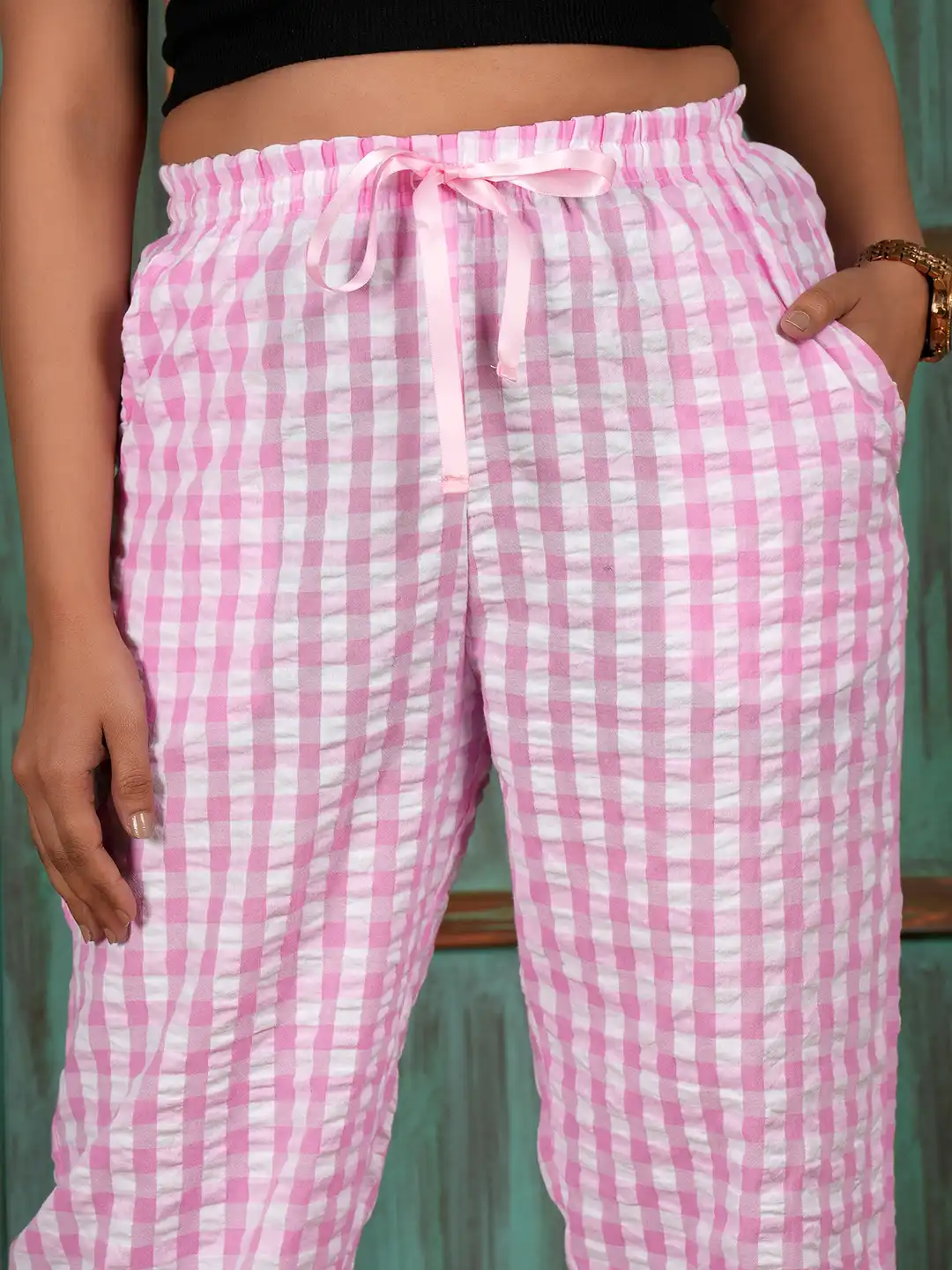 Buy Style Shoes Women Pink & White Checked Cotton Lounge Pants
