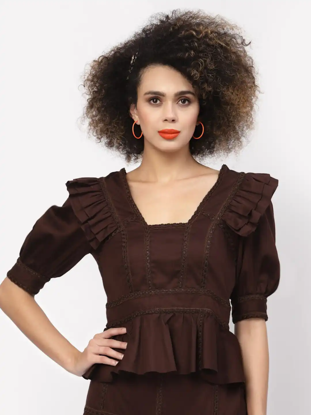 Buy LELA Chocolate Brown Peplum Top with Lace Detail - Tops for