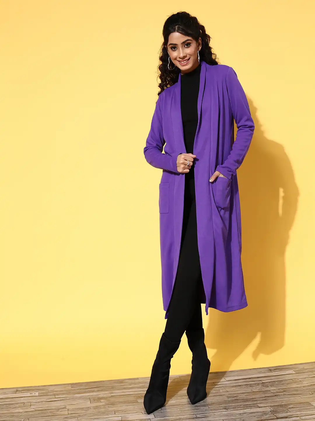 Buy SASSAFRAS Women Purple Solid Open Front Longline Shrug - Shrug