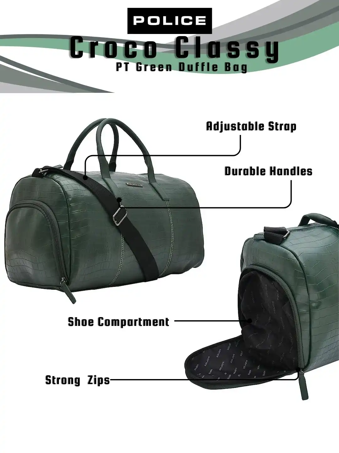 Buy Police Men Croco Classy PT Dark Green Duffle Bag - Duffel Bag