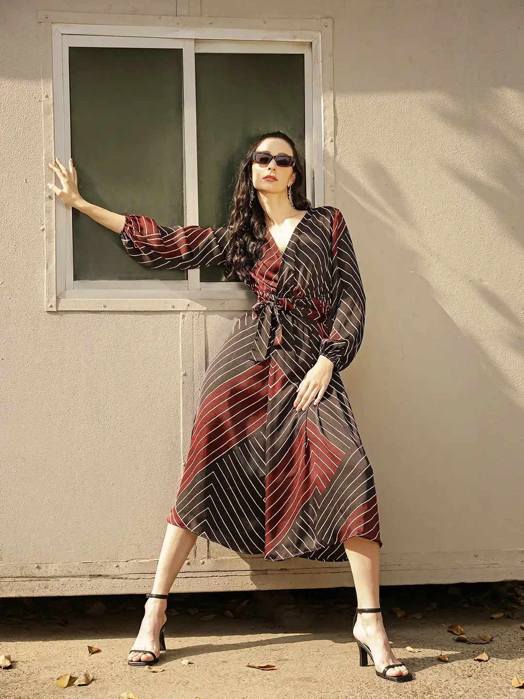 red and brown striped dress MARMALADE 90s Britpop Inspired Brown/Red/Yellow/White Dress with Waist –  Marmalade-shop main image 0