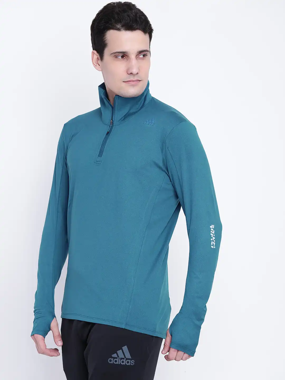 Buy ADIDAS Men Teal Blue SN 1/2 ZIP Mock Collar T-shirt - Tshirts