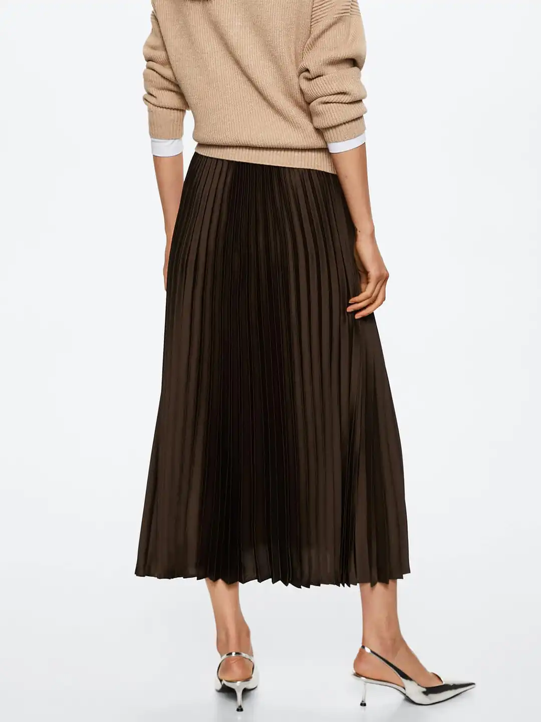 Buy MANGO Coffee Brown Accordion Pleated Satin A-Line Midi