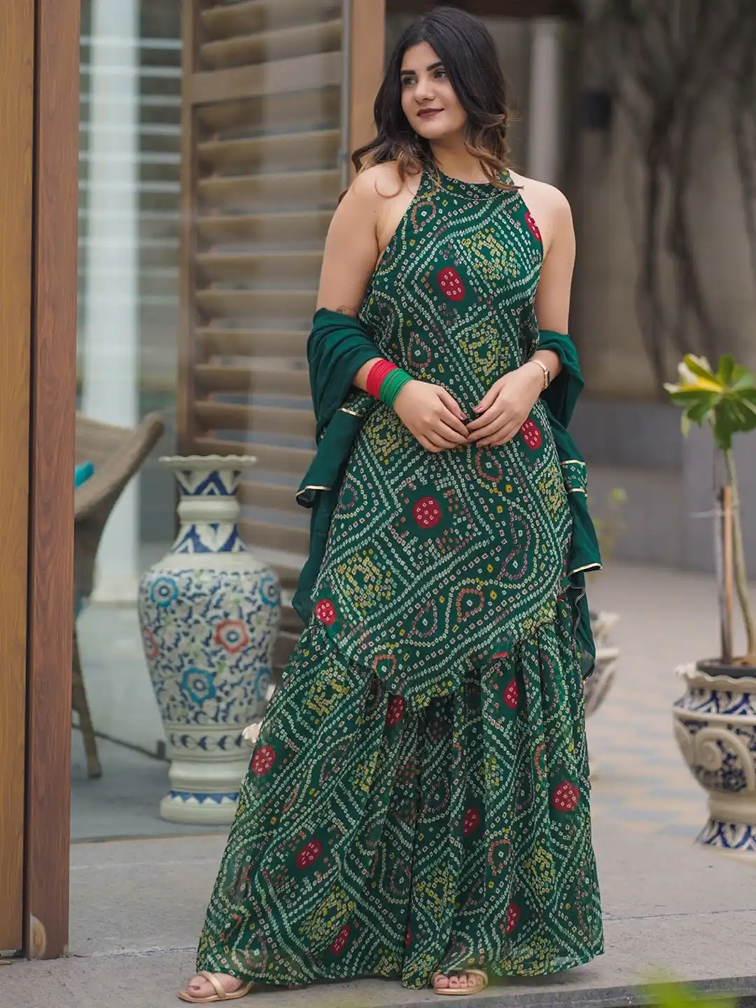 Buy Thread & Button Women Green Bandhani Printed Silk Chiffon Fusion Kurta  with Palazzos & With Dupatta - Kurta Sets for Women 20855210 | Myntra