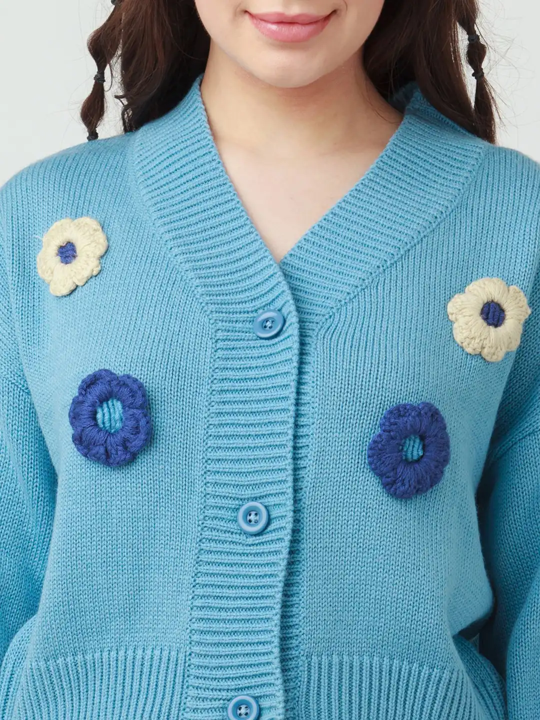 Buy zink Z Women Blue & Navy Blue Floral Crop Cardigan Sweater