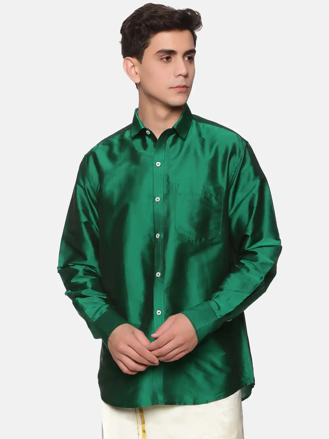 neon green fishnet dress Men Silk Feel Dark Green Colour Shirt SFC06 42 cm / Half main image 1