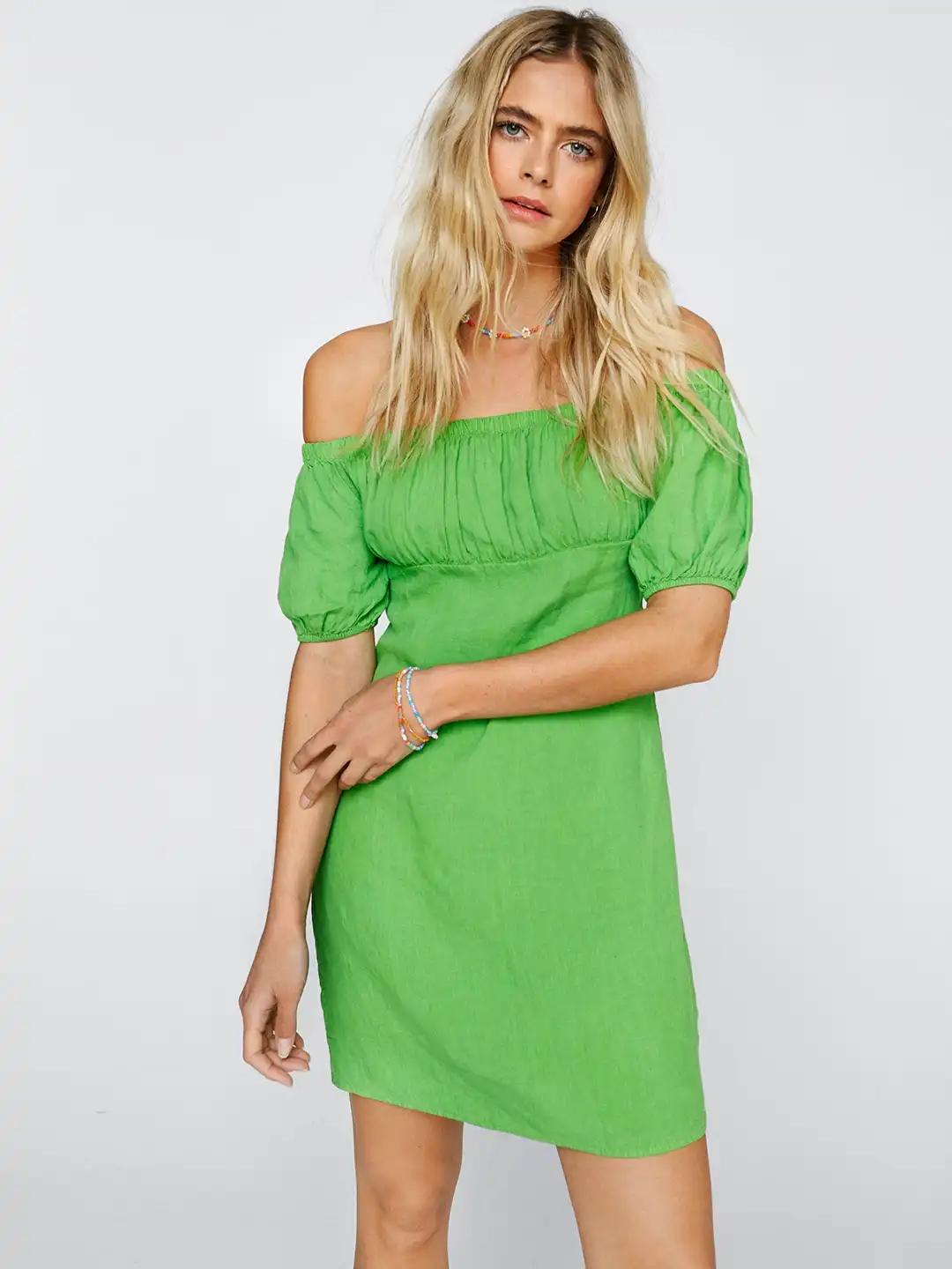 Buy NASTY GAL Green Pure Linen Off-Shoulder A-Line Mini Dress - Dresses for  Women 20956662 | Myntra