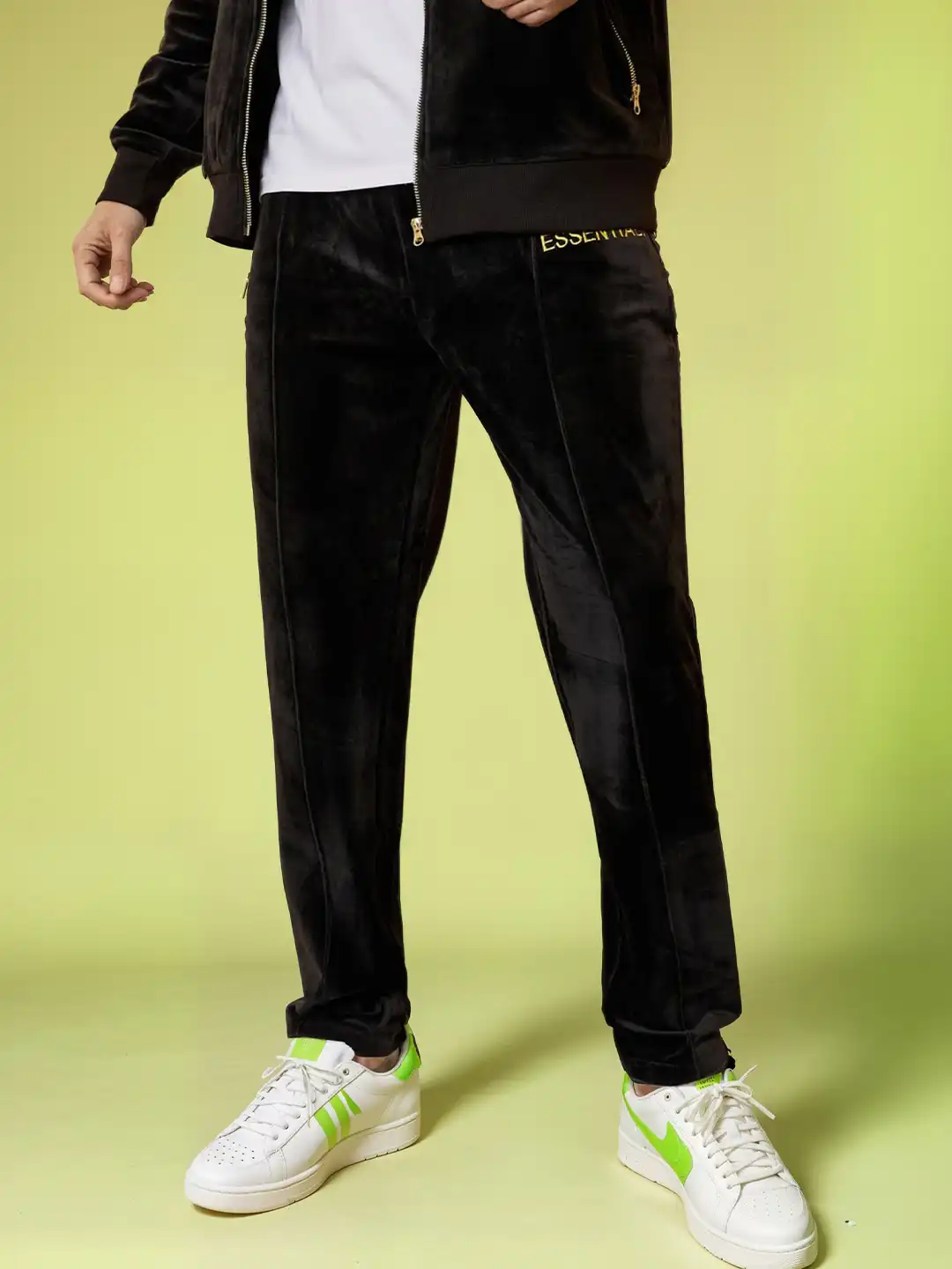 Buy Styli Men Pintuck Detail Velour Jogger with Embroidered Detail