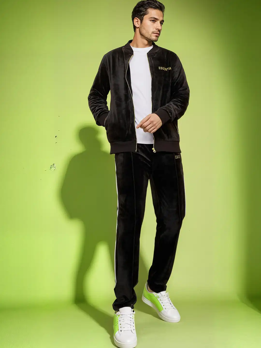 Buy Styli Men Pintuck Detail Velour Jogger with Embroidered Detail