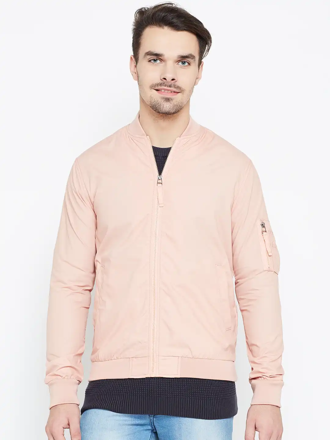 Buy Jack & Jones Men Peach-Coloured Solid Bomber Jacket - Jackets
