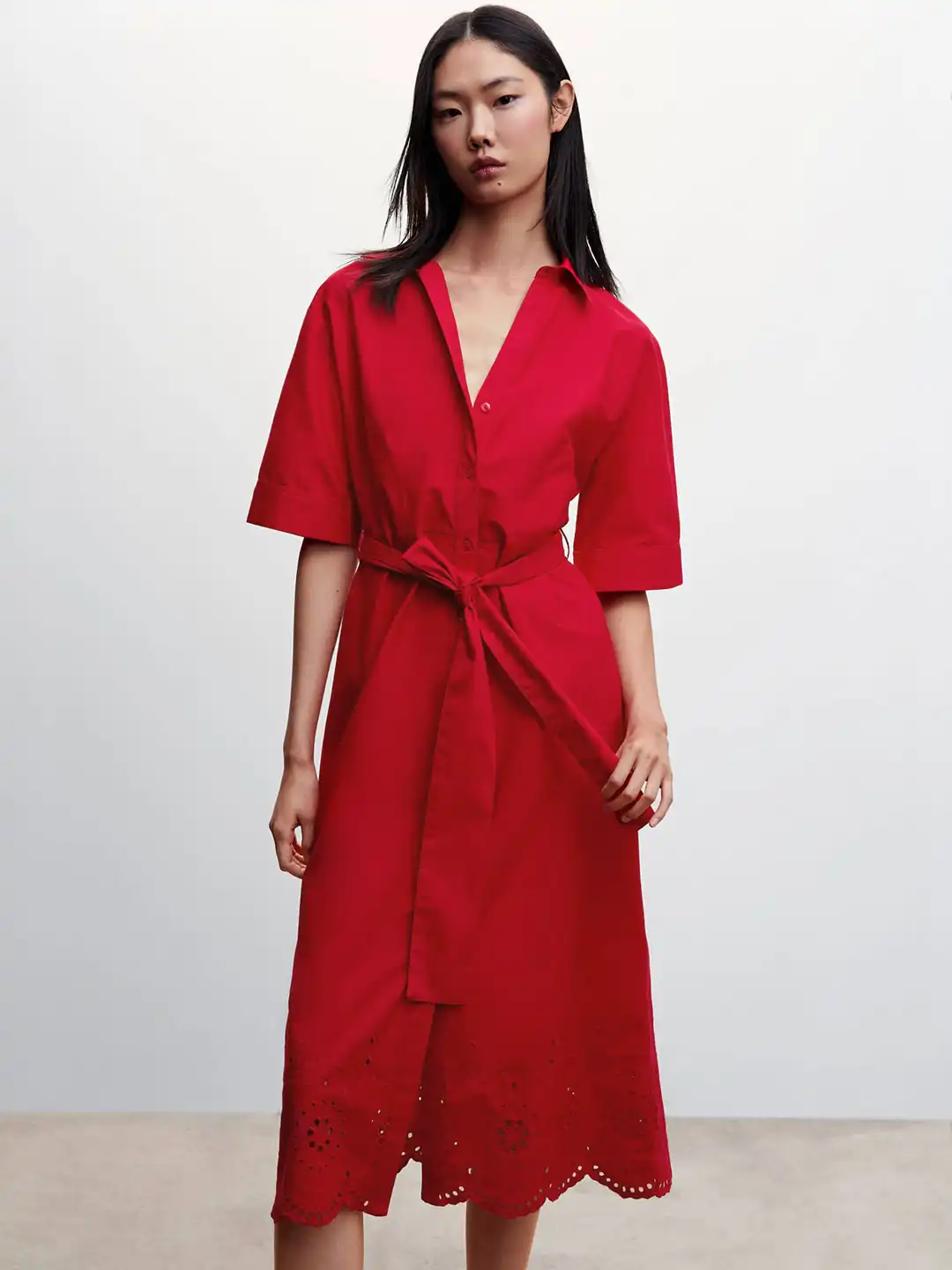 mango belt cotton dress MANGO - Belt shirt Dress Green - 2