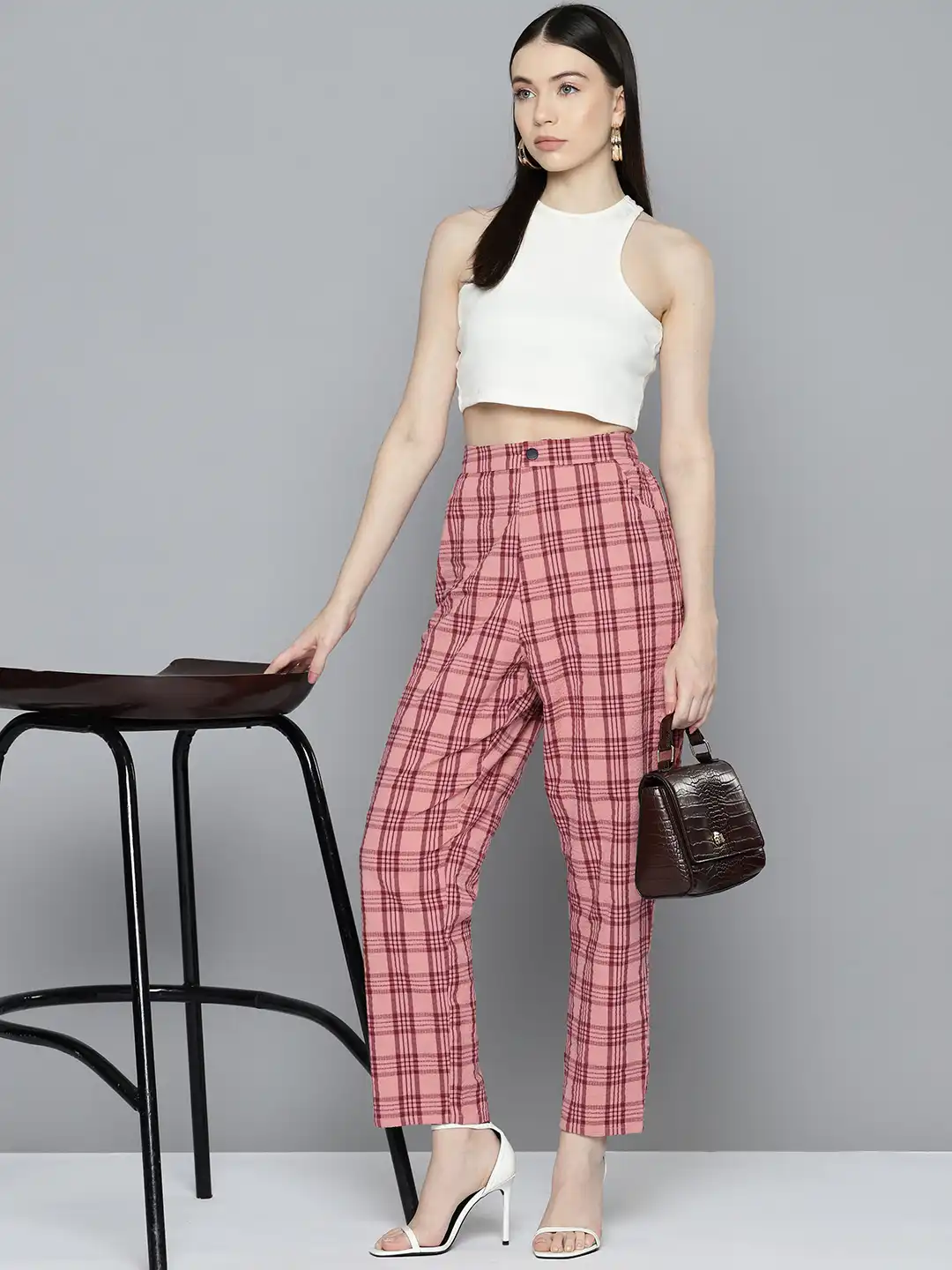 Buy Chemistry Women Pure Cotton Seersucker Checked Trousers