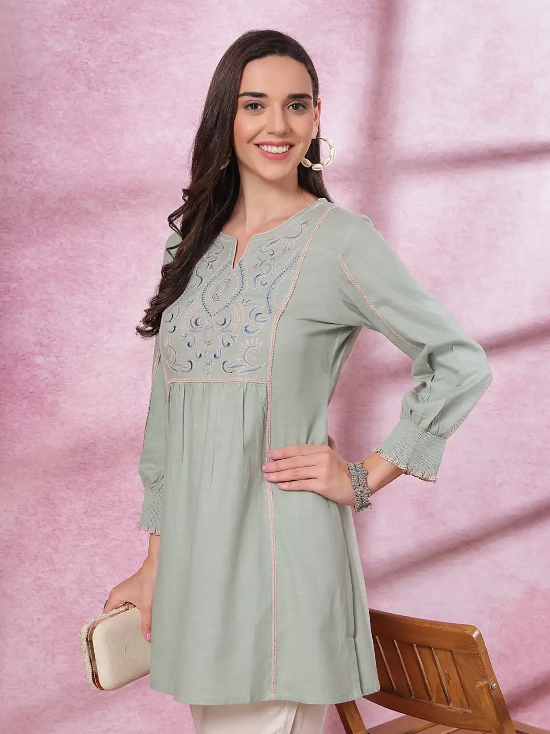Buy Nayam By Lakshita Women Solid A-Line Kurti with Lace & Dori