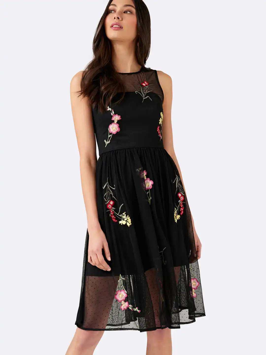 Buy Forever New Women Black Embroidered Fit and Flare Dress - Dresses for  Women 2167307 | Myntra