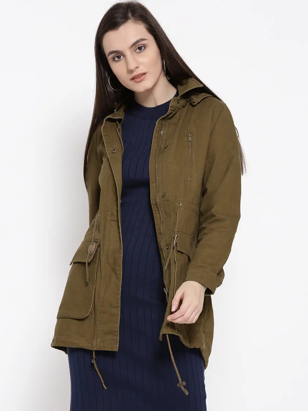Buy FOREVER 21 Women Olive Green Solid Longline Denim Jacket with