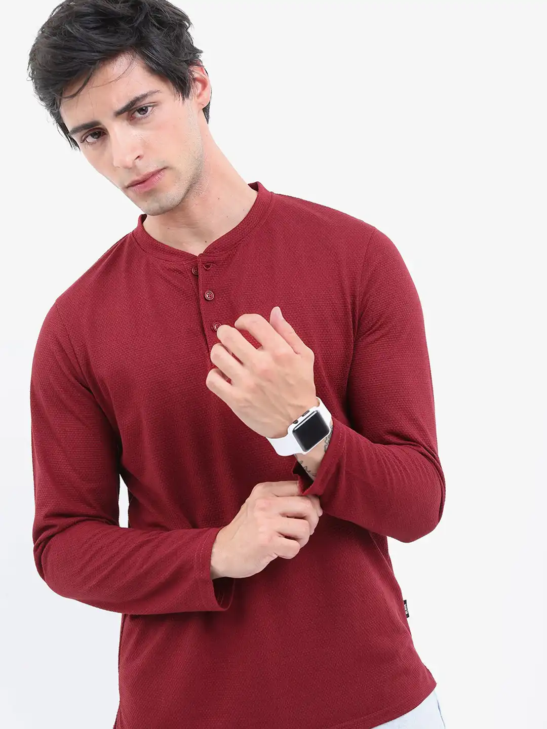 Buy HIGHLANDER Henley Neck Popcorn Structured Regular Fit T-shirt