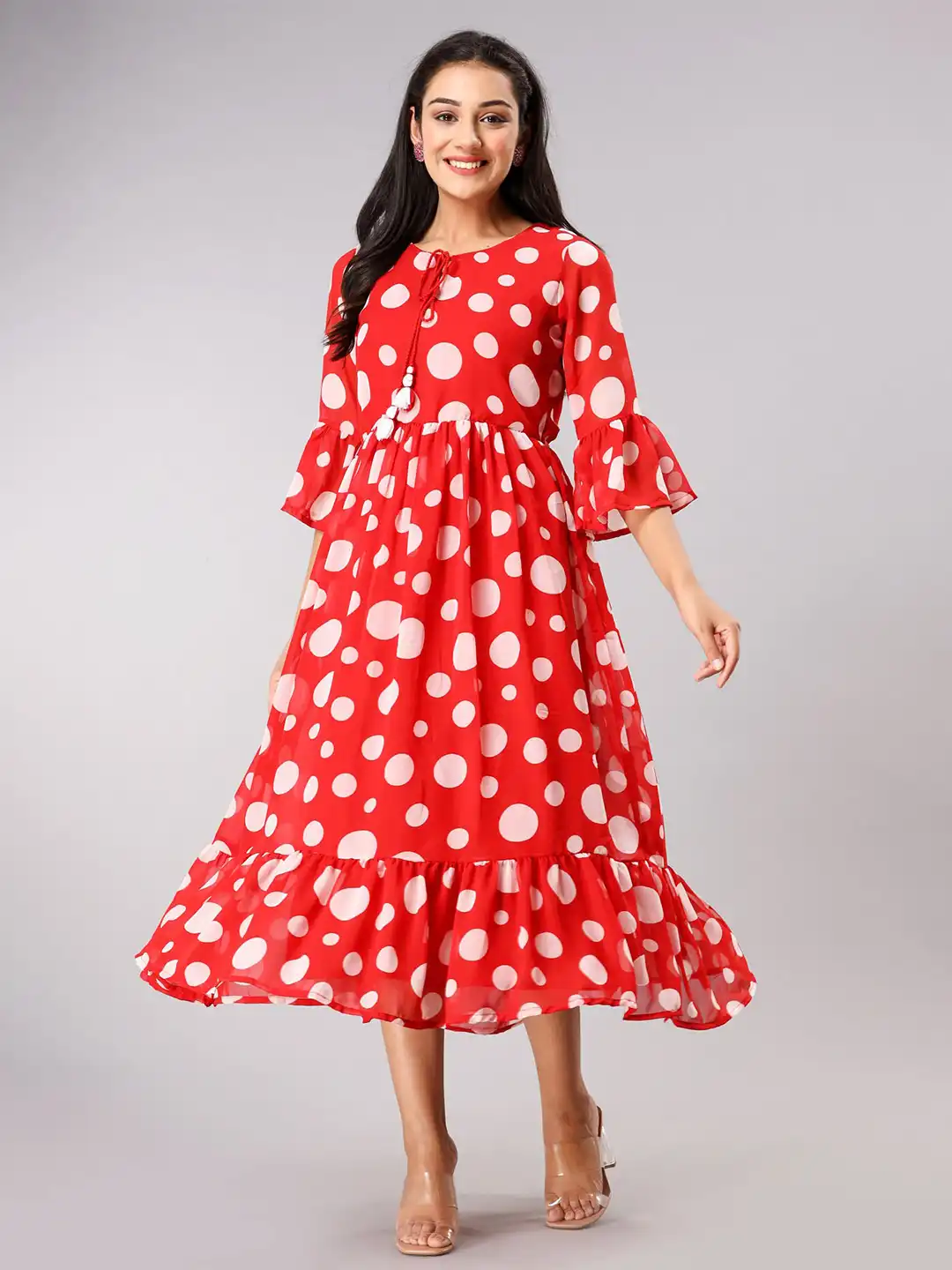 polka dot georgette tie neck midi dress Michael Kors Polka Dot Georgette Midi Dress With Tie Neck In Blue - 80% Off