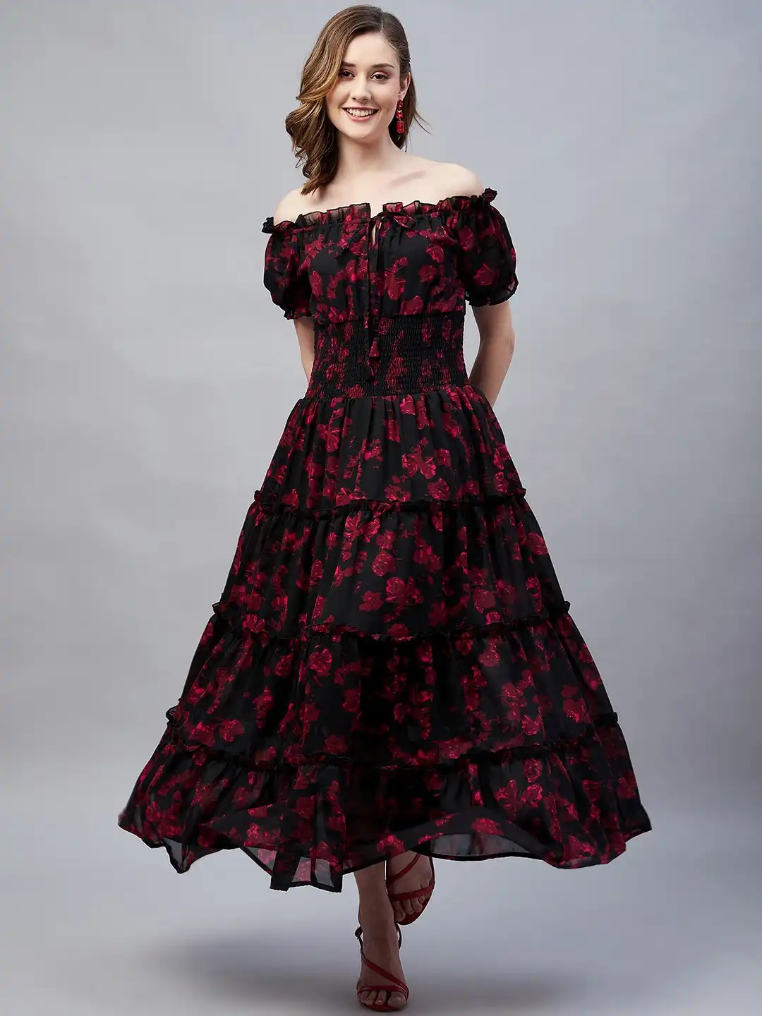 Buy RARE Floral Printed Off-Shoulder Tiered Smocked Maxi Dress - Dresses  for Women 21954996 | Myntra