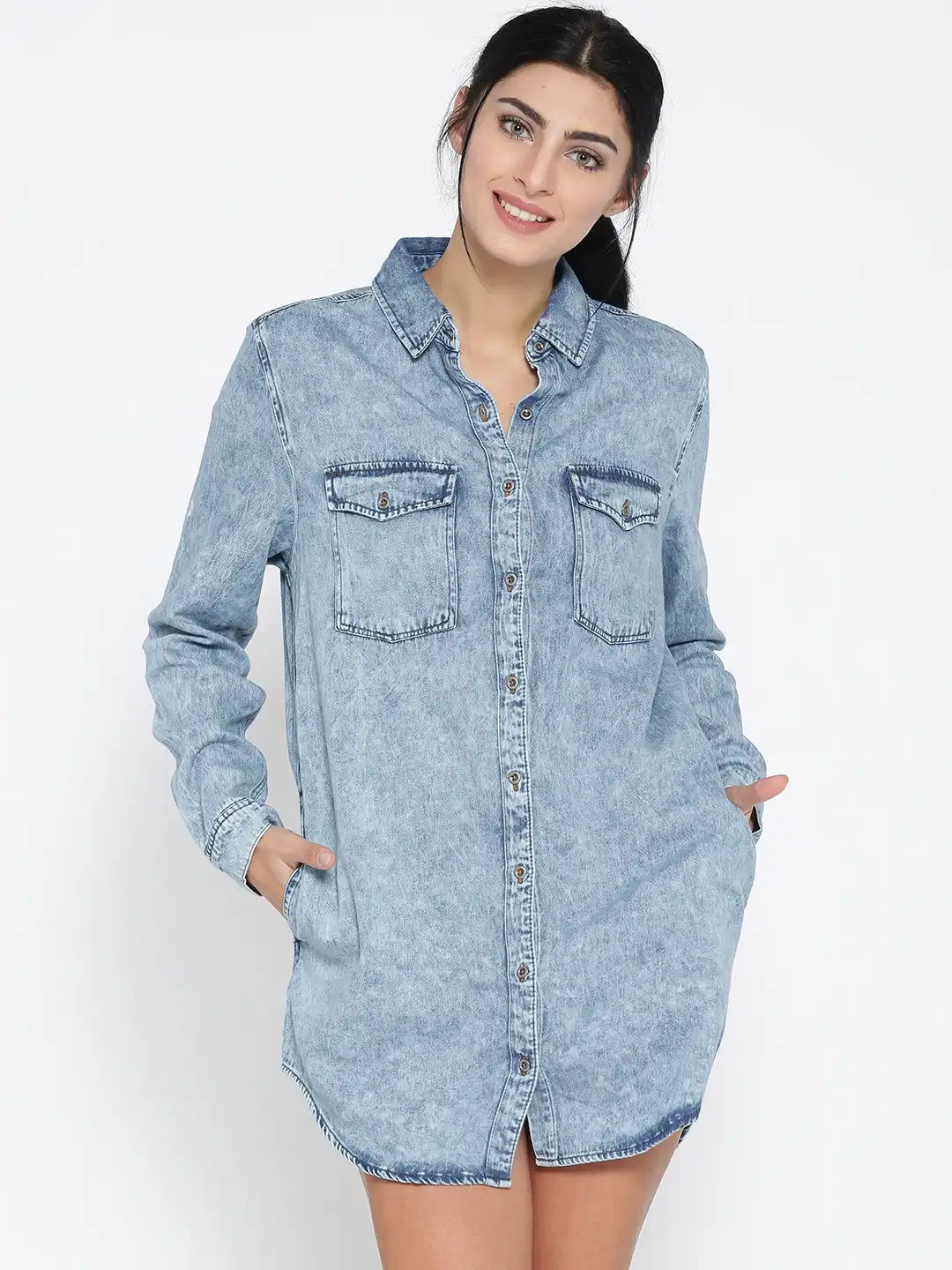 denim shirt dress forever 21 Pintucked Denim Mini Shirt Dress
