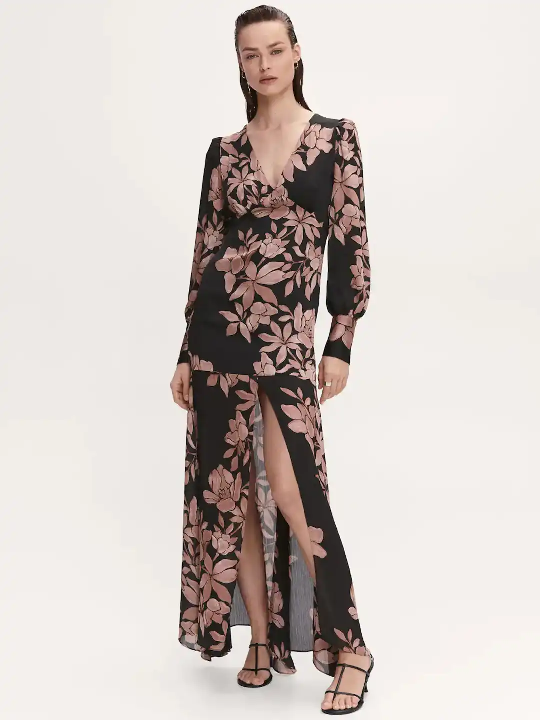 Buy MANGO Floral Print Puff Sleeves Chiffon Semi-Sheer High-Slit Maxi Dress  - Dresses for Women 22302962 | Myntra
