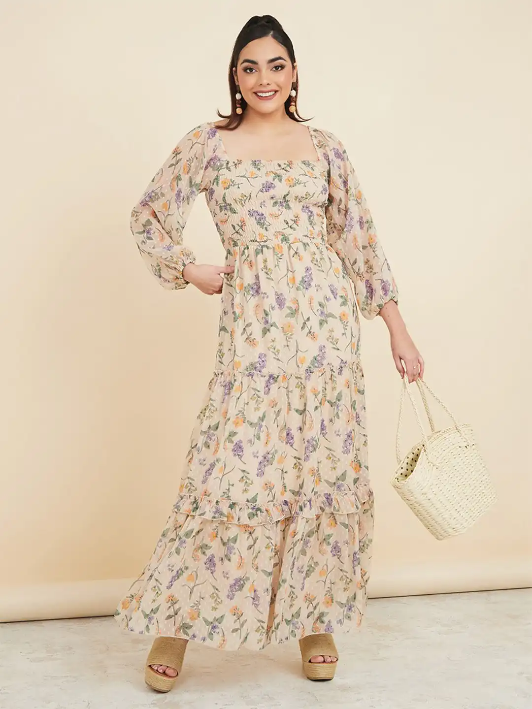 soraia mini dress in sand beige Blooming Brunch Cotton Beige Floral Flutter Sleeve Maxi Dress