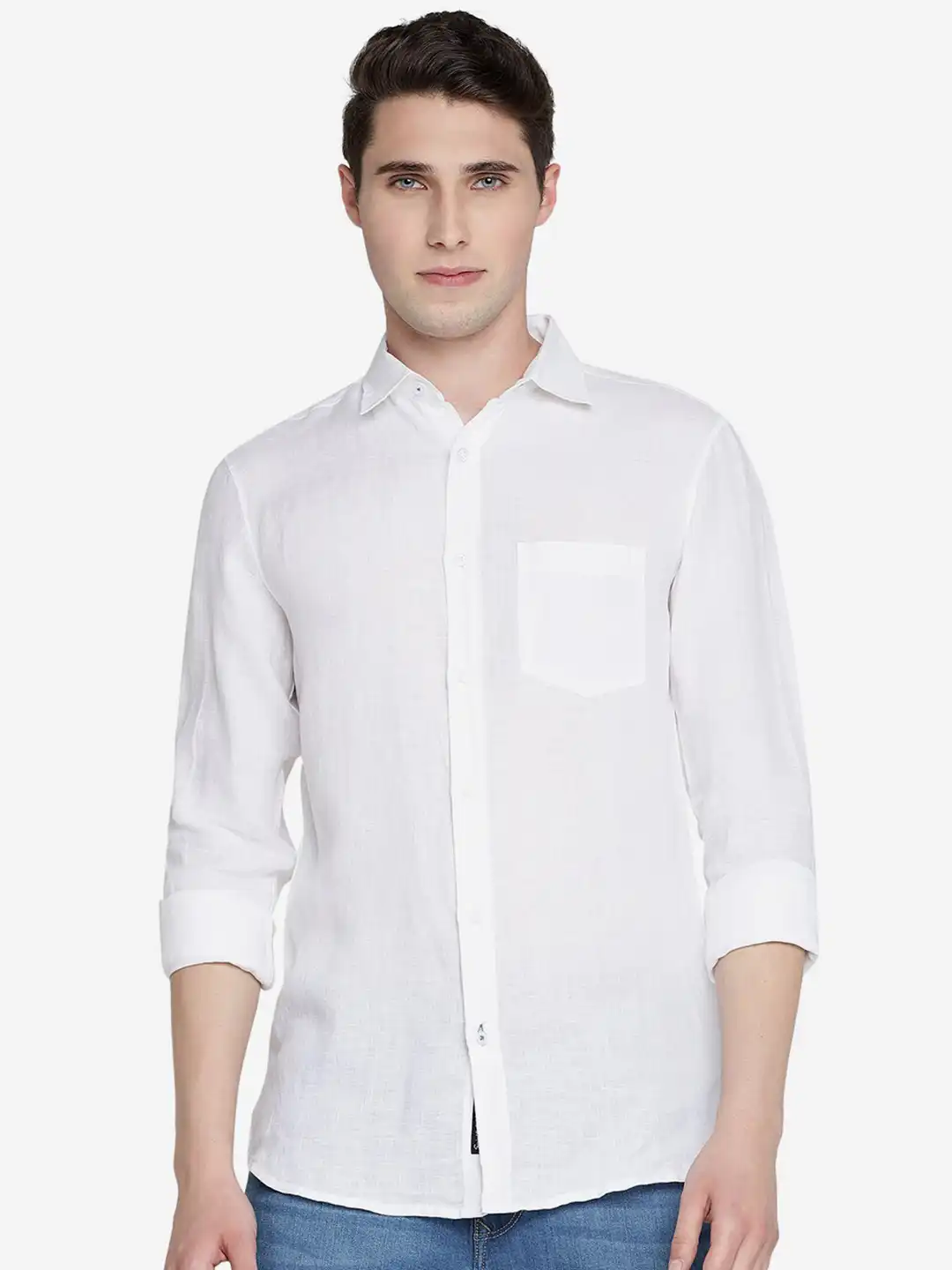 Buy JADE BLUE Spread Collar Slim Fit Pure Linen Casual Shirt