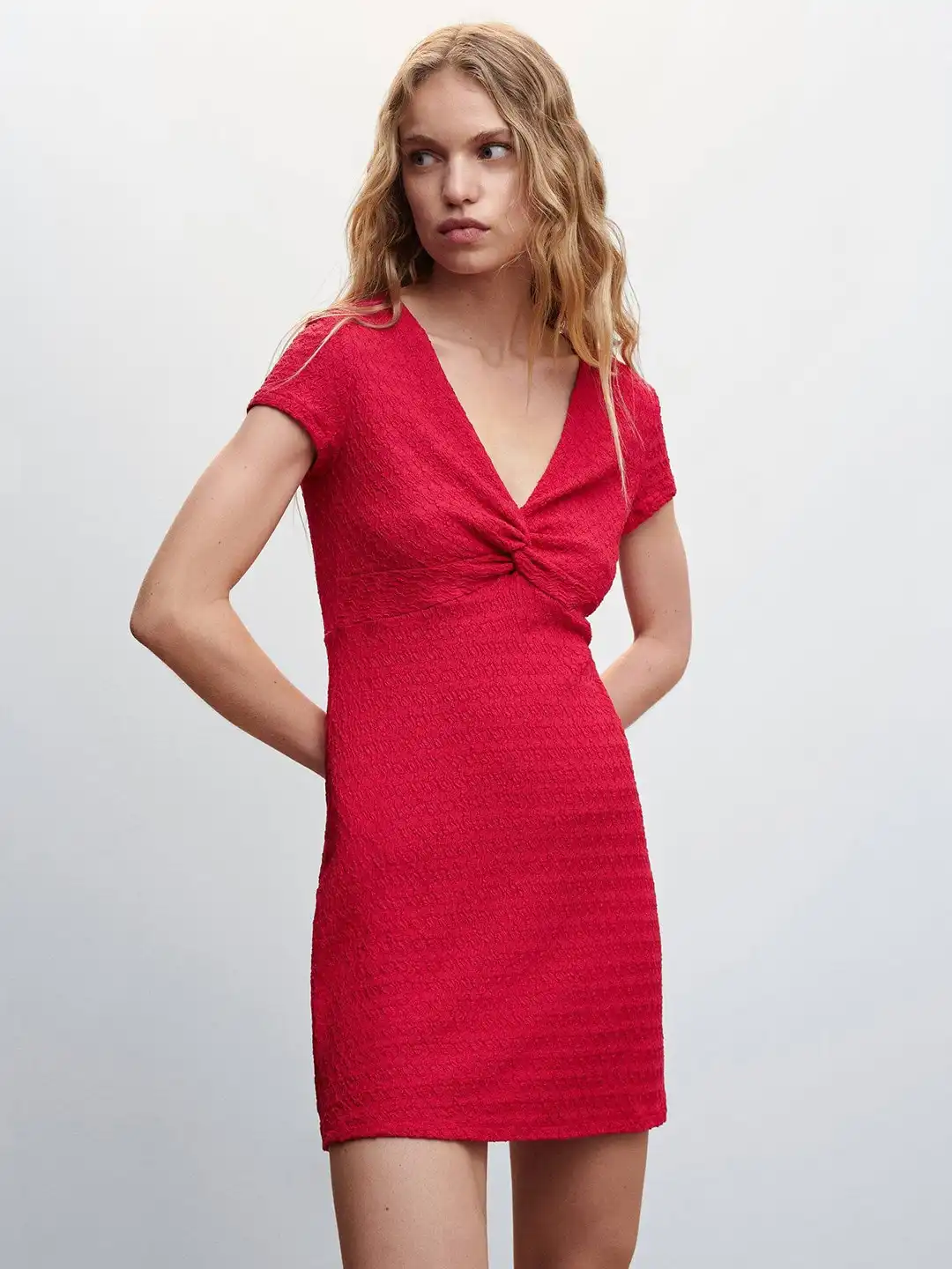 mango textured short dress Mango Cotton Mix Textured Round Neck Mini Dress With Lettuce Hem In White