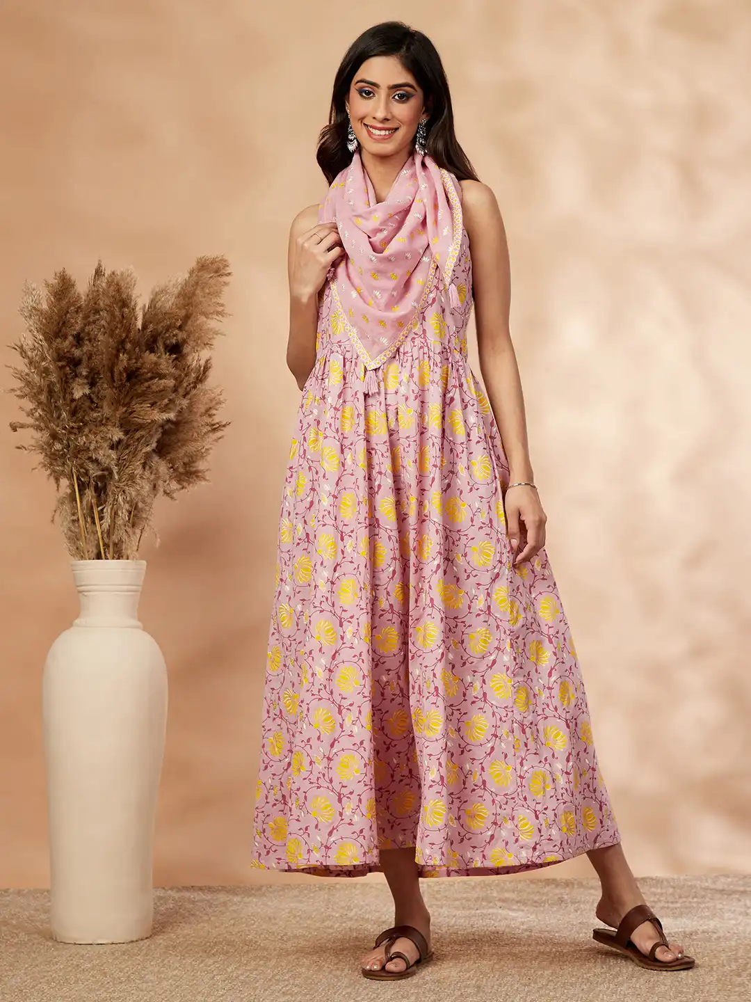 Buy IMARA Pink Floral Printed Cotton Fit & Flare Midi Dress With