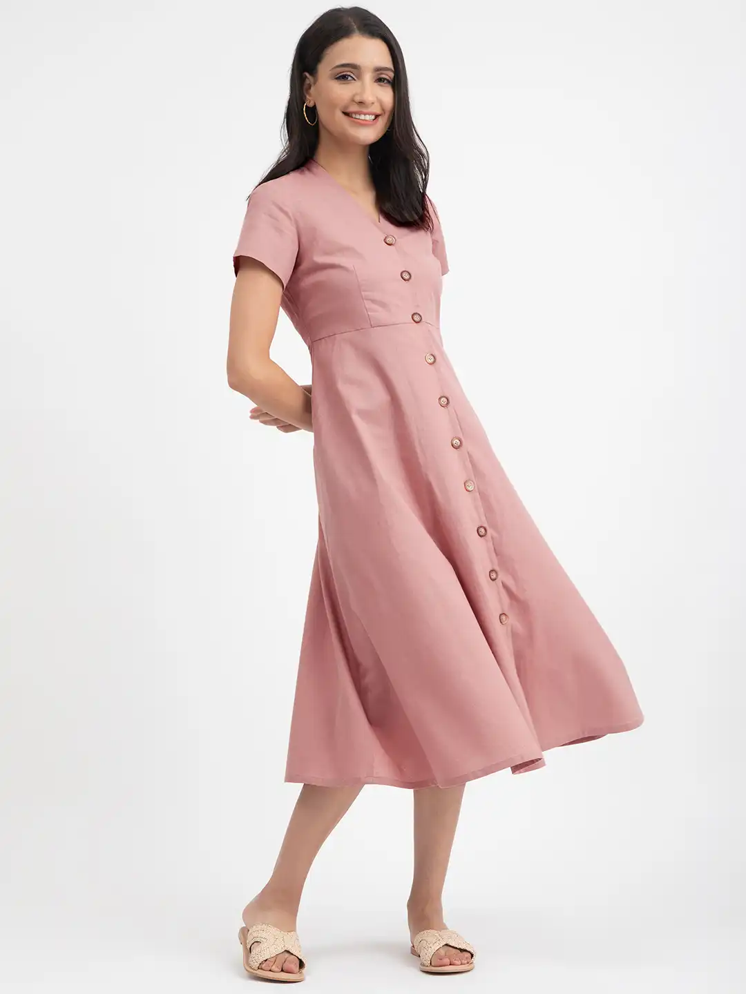 Buy Pink Fort V-Neck Short Sleeves A-line Midi Dress - Dresses for Women  22761314 | Myntra