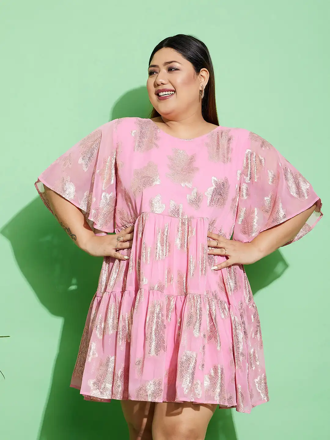 Buy SASSAFRAS Curve Plus Size Pink Floral Printed Flared Sleeves Knee  Length Fit & Flare Dress - Dresses for Women 22809786 | Myntra