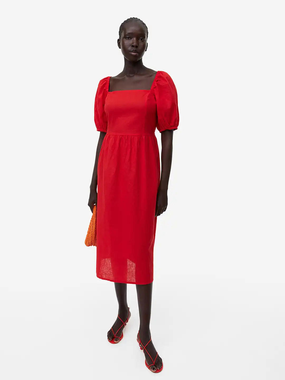 h&m red linen dress Ladies - Red Ruched Linen-Blend Dress - Size: XS