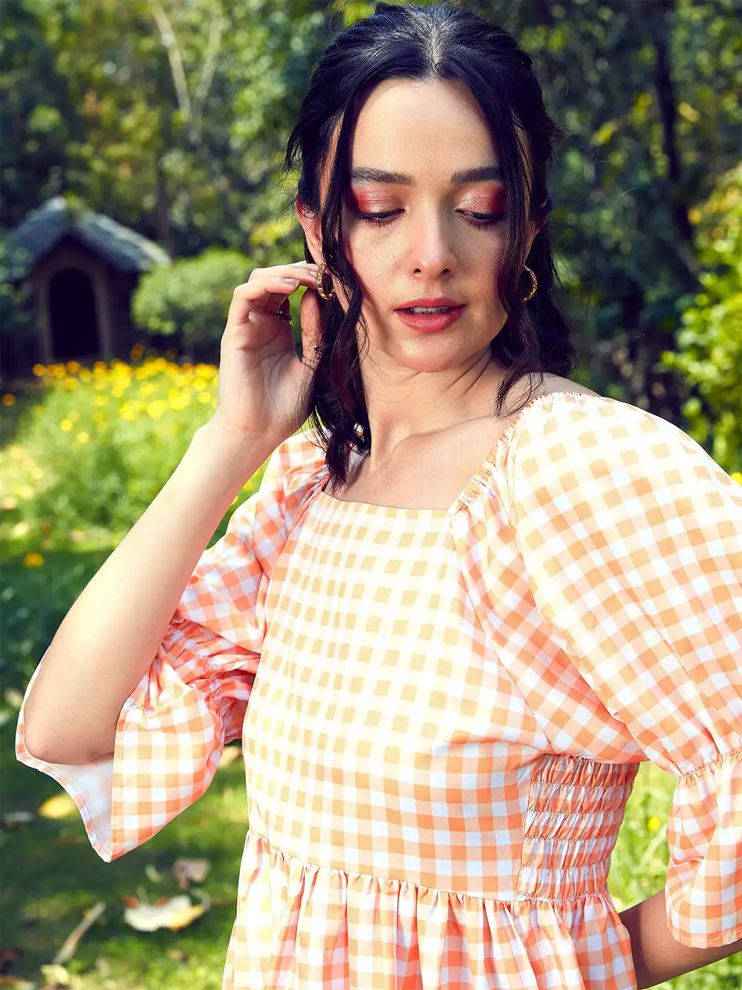 Buy SASSAFRAS Peach Checked Puff Sleeves Fit & Flare Mini Dress