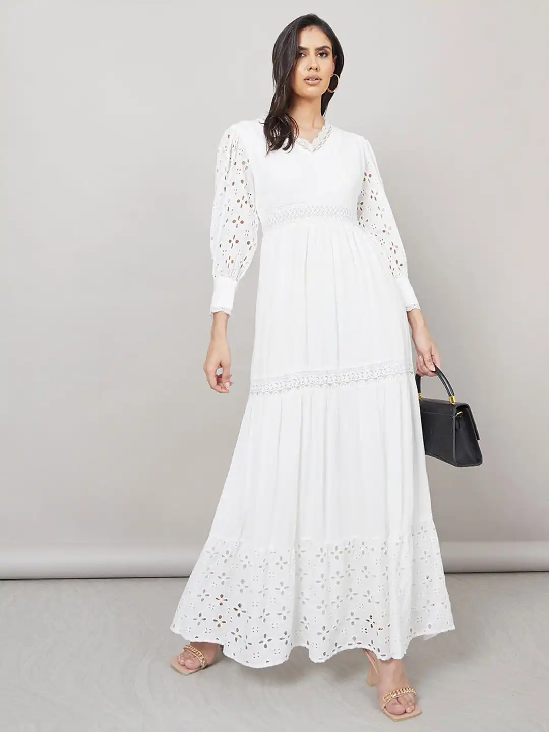 white fit and flare maxi dress Fit & Flare Cotton Eyelet Trim Maxi Dress main image 0